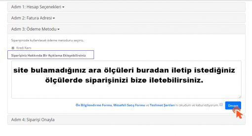 Müşteri açıklama kısmı Siparişiniz ile ilgili not yazma sayfası