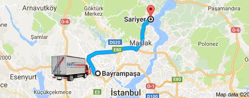 Sarıyer Bayrampaşa Arası mesafe haritası  