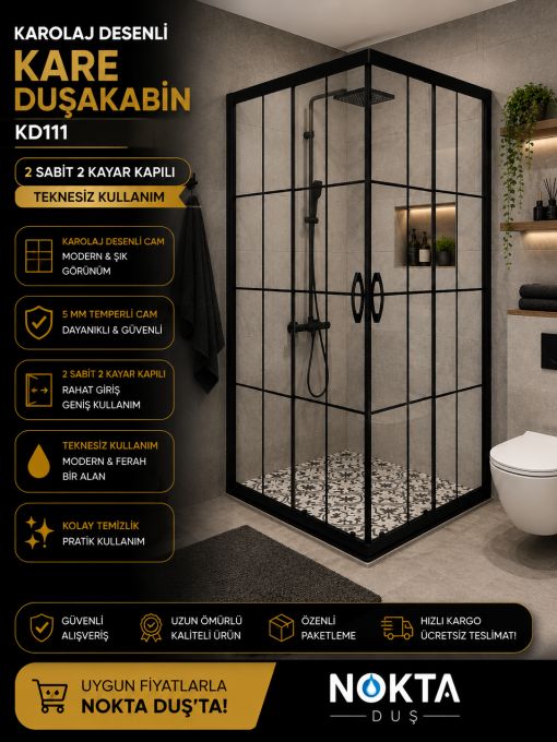 Kare Lüks camlı Teknesiz Siyah Karolaj Duşakabin 