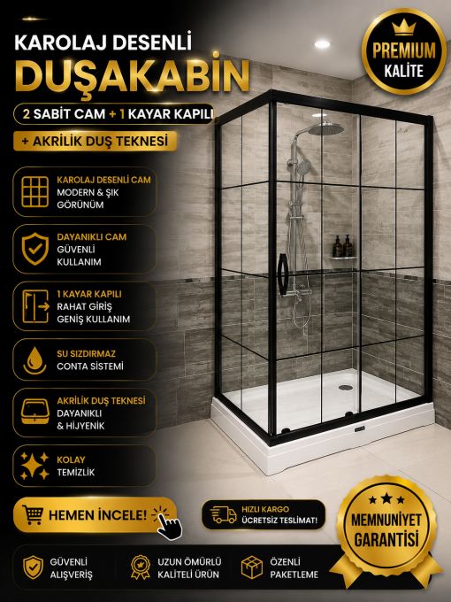Karolaj Desen 2 Sabit 1 sürgülü Duşakabin+Duşteknesi KD107 