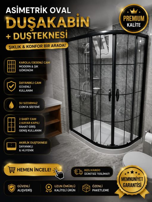 Karolaj Desenli Asimetrik Oval Duşakabin+ Duşteknesi KD103 