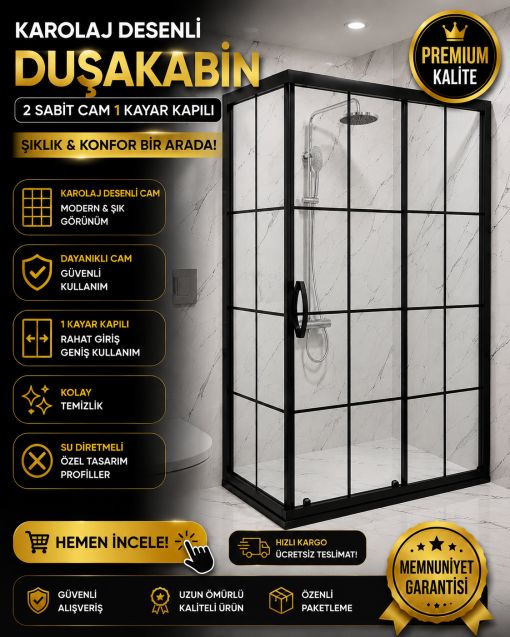 Karolaj Desenli Cam Duşakabin 2 Sabit Cam 1 Kayar Kapılı  
