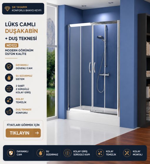 Lüks Camlı Duşakabin+Duşteknesi ND122 