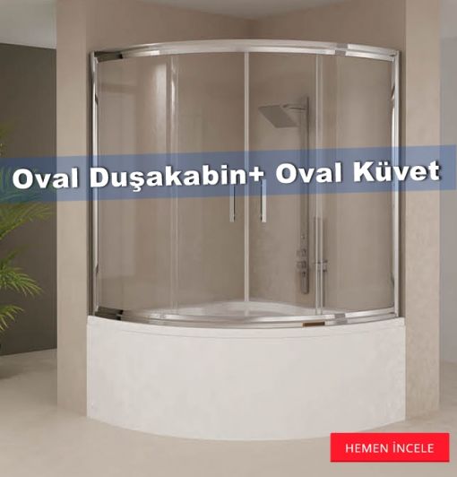 Oval Duşakabin+ Oval Küvet. 5mm Temperli Cam Paslanmaz Parlak Krom Renkli Profil Kasa 2 Sabit 2 kayar Kapılı Duşakabin 