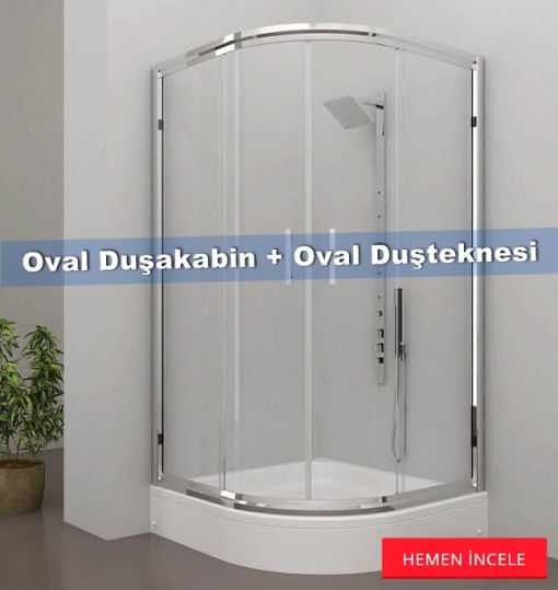 Oval Duşakabin + Oval Duşteknesi, 5mm Temperli Cam, Parlak Krom Profilli 2 Sabit 2 Çalışır Panel