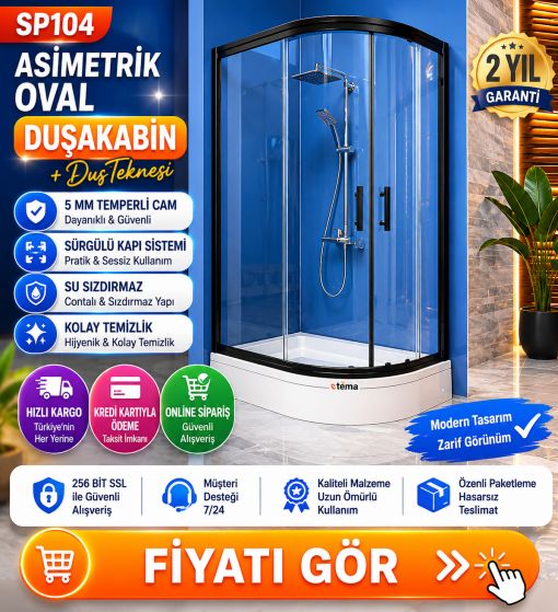 Siyah Profil Asimetrik Oval Duşakabin+Duşteknesi SP104 