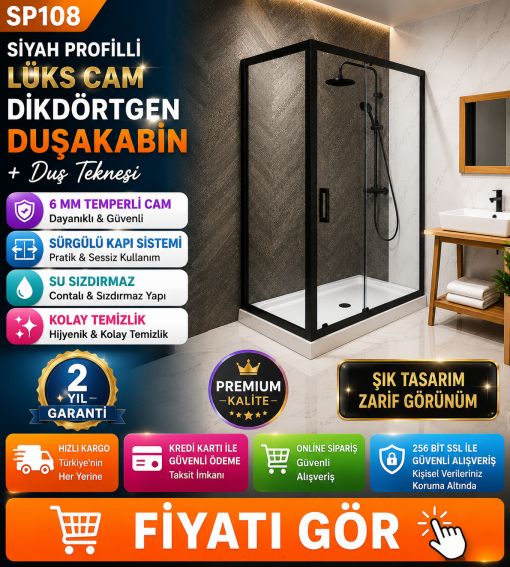 Siyah Profil Kasalı Duşakabin + Akrilik Duş Teknesi 