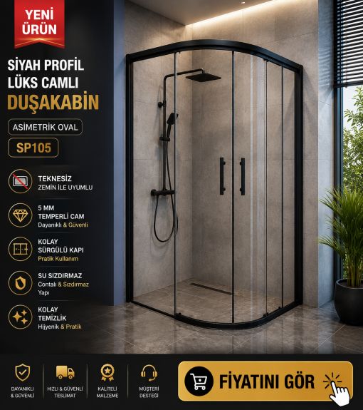 Siyah Profilli Lüks Camlı Duşakabin Asimetrik Oval SP105 