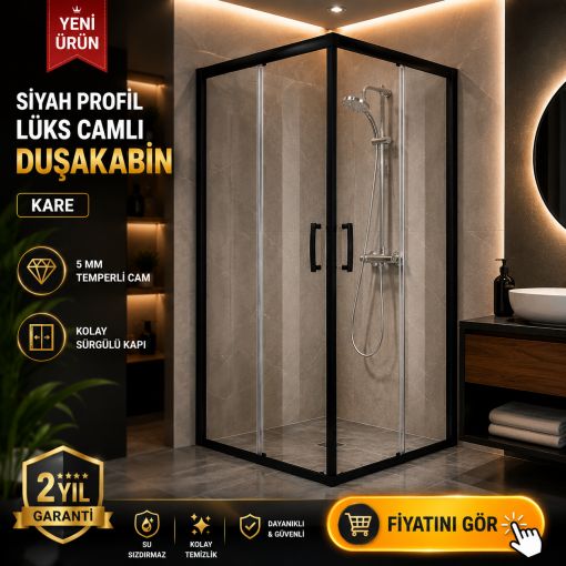 Siyah Profilli Lüks Camlı Duşakabin Kare SP101 
