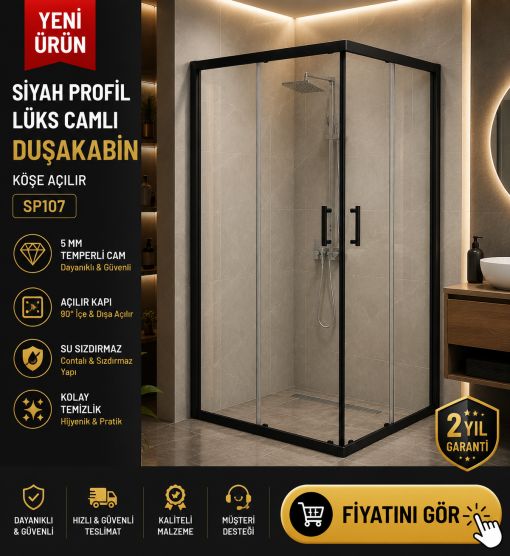Siyah Profilli Lüks Camlı Duşakabin Köşe Açılır SP107 