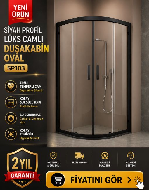 Siyah Profilli Lüks Camlı Duşakabin Oval SP103 