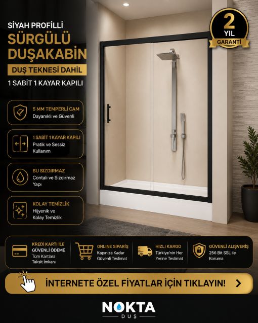 Siyah Profilli Sürgülü Duşakabin ve Duş Teknesi | Modern ve Şık Tasarım 