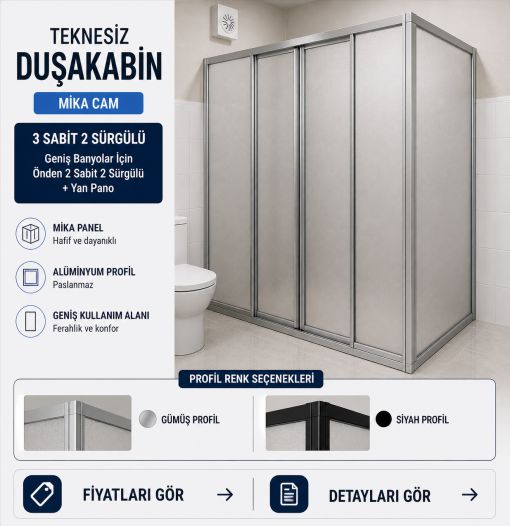 Teknesiz Mika Siyah Profil Düz Duşakabin 3 sabit 2 Sürgülü 