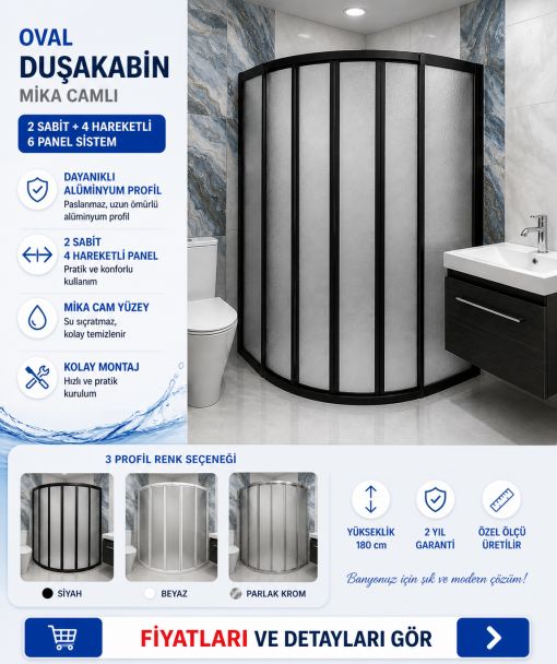 Oval Teknesiz Siyah Duşakabin Mika Camlı 