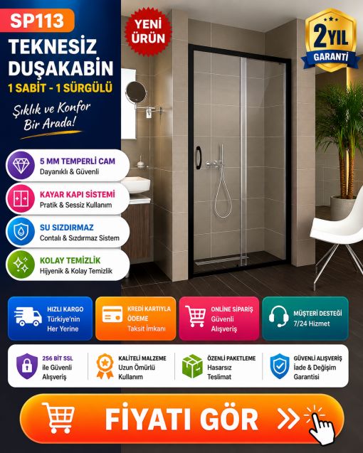 Teknesiz Siyah Profil Düz Duşakabin 1 sabit 1 sürgülü SP113 
