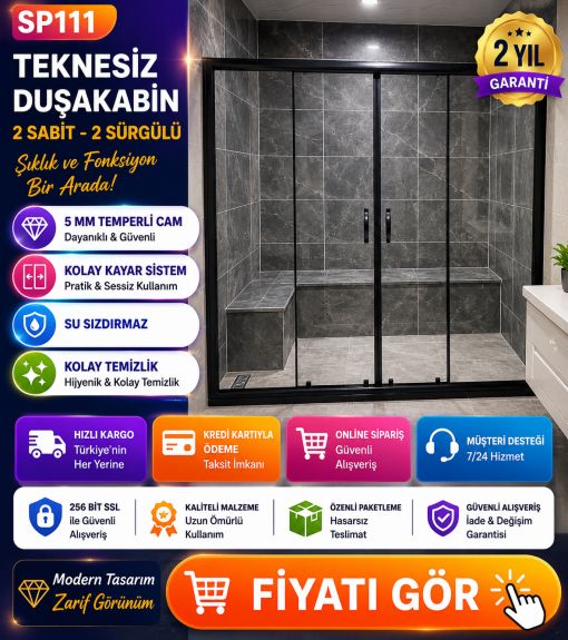 Teknesiz Siyah Profil Düz Duşakabin 2 sabit 2 sürgülü SP111 